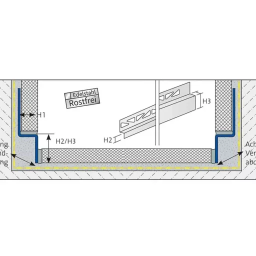 Dural GKWR lejtéstakaró fal-padló profil jobb, szálcsiszolt V2A acél, 10mm / 120cm (durgkwr100sf120)